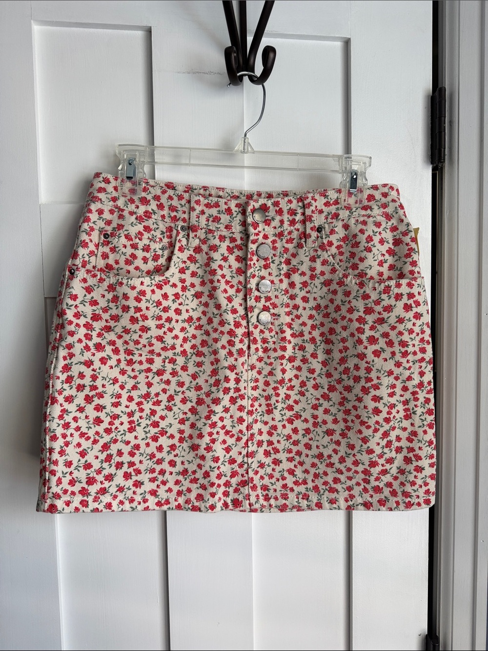 Billabong Cream Mini Skirt with Red Rose Print and Front Buttons